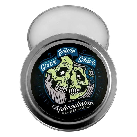 Pasteur Pharmacy Grave Before Shave beard balm in 2 oz tin, with leather and cedar wood scent, for grooming and styling beards.
