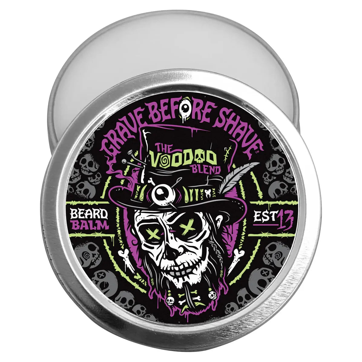 Pasteur Pharmacy Grave Before Shave Voodoo Blend Beard Balm 2 oz jar with black lid and label, designed for beard grooming and styling.