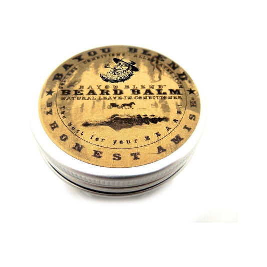 Honest Amish Bayou Blend Beard Balm in 2 oz tin, natural beard grooming product with a rustic label and wooden background.