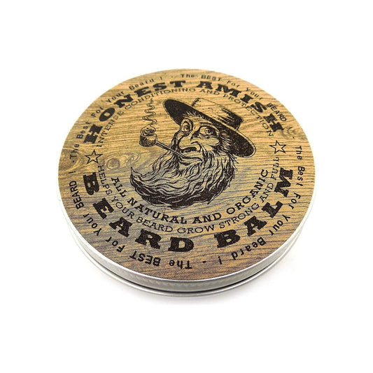 Honest Amish Beard Balm in a large 4 oz twist tin, natural beard grooming product with a rustic appearance and wooden lid.