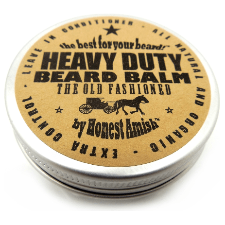 Honest Amish Heavy Duty Beard Balm in 2 oz jar, natural beard grooming product by Pasteur Pharmacy with a rustic label.