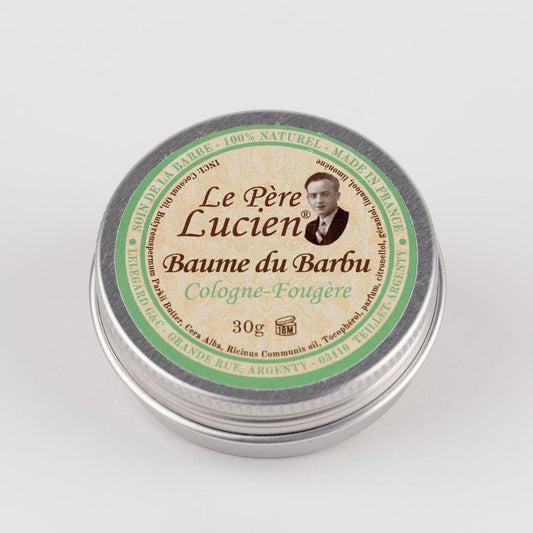 Le Pere Lucien Fougere Beard Balm by Pasteur Pharmacy in a 30g jar, natural beard grooming product with a fougere scent.