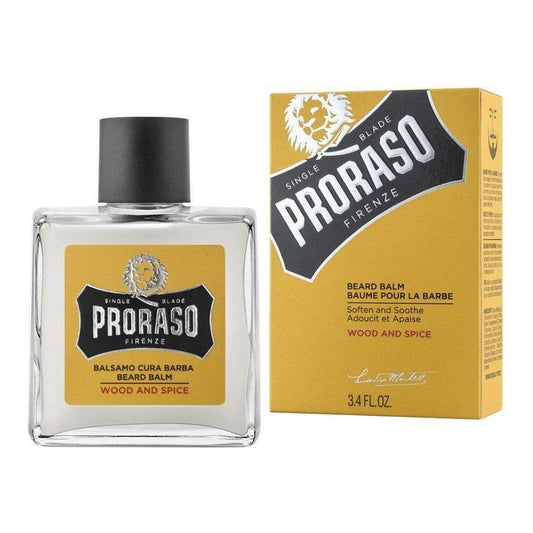 Proraso Beard Balm Wood & Spice in 3.4 oz container, natural beard care product with wood and spice scent.