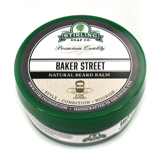 Stirling Soap Co. Baker Street Beard Balm in 2 oz tin, natural beard styling and conditioning product for men.