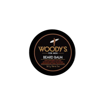 Woody's For Men Beard Balm by Pasteur Pharmacy, 2 oz jar with natural beard styling and conditioning.