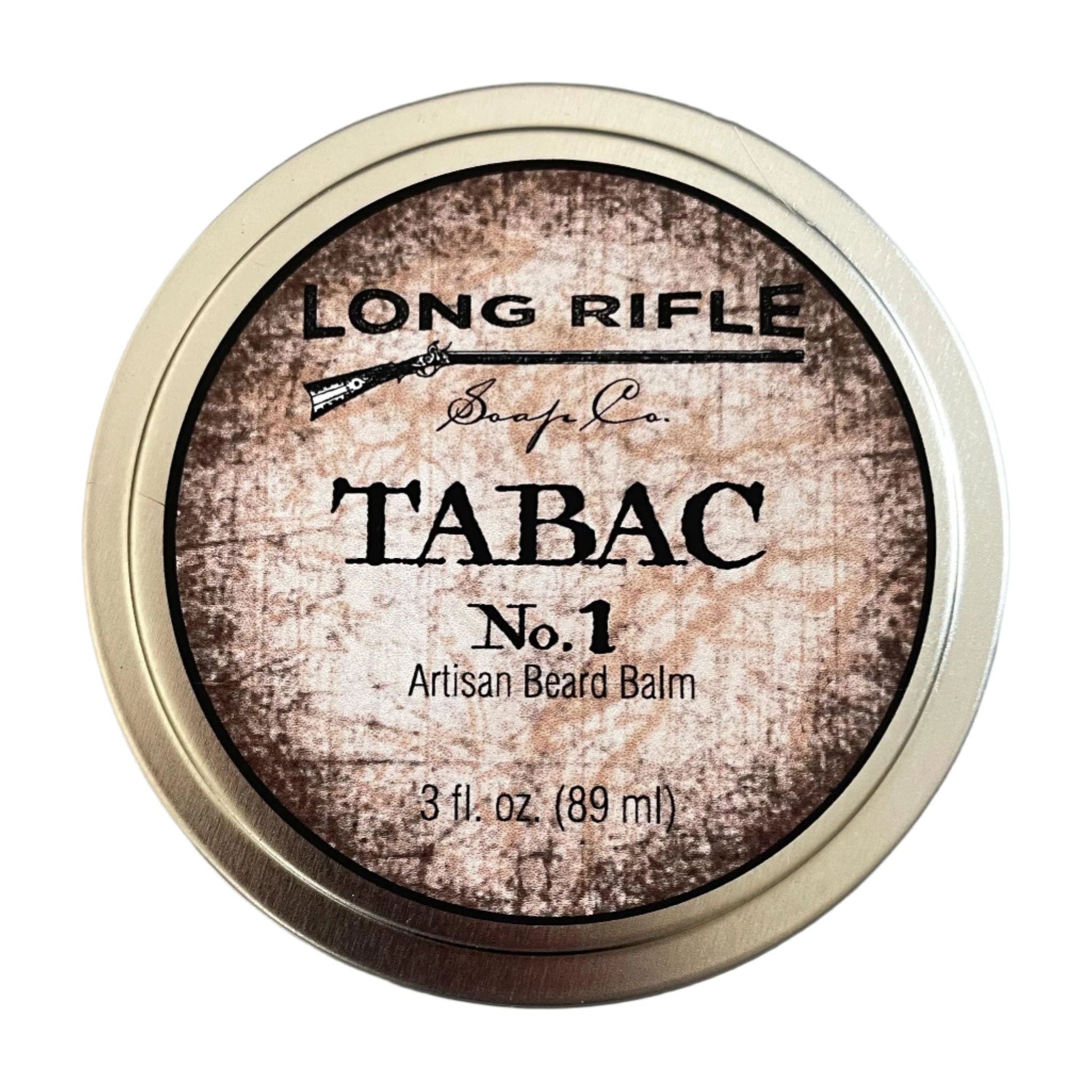 Long Rifle Soap Co. Tabac No.1 beard balm and oil collection featuring 3 oz bottles, natural grooming for beards.