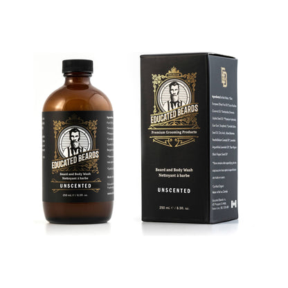 Pasteur Pharmacy Educated Beards Unscented Beard and Body Wash 250ml, clear bottle with label, suitable for grooming and cleansing.