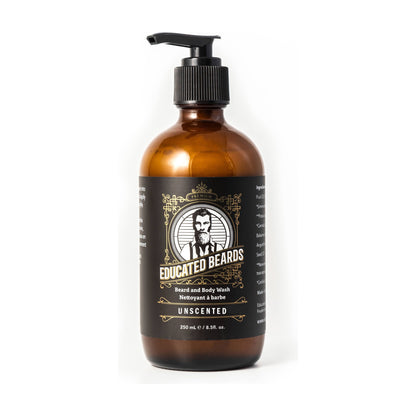 Educated Beards Unscented Beard and Body Wash by Pasteur Pharmacy, 250ml bottle showing on a clean surface.