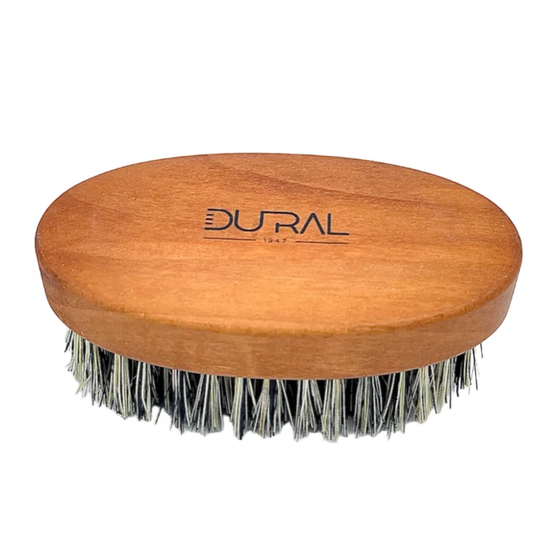 Dural beard brush by Pasteur Pharmacy with grey Tampico fibre bristles and pear wood handle for grooming beards.