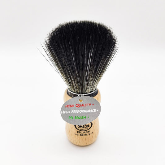 Omega synthetic fiber beard brush with beech wood handle, designed for grooming and styling beards.