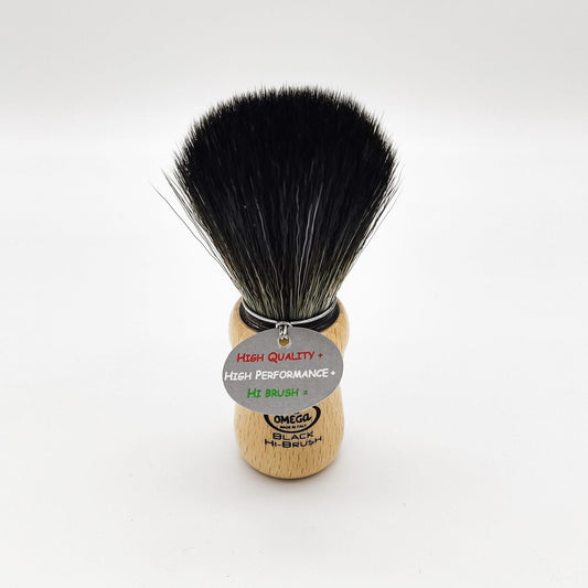 Omega synthetic fiber beard brush with beech wood handle, natural bristles, designed for grooming and styling beards.