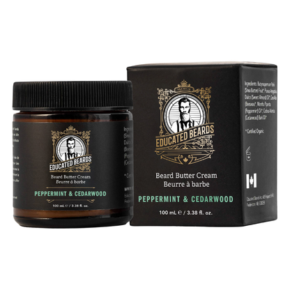 Educated Beards Peppermint & Cedarwood Beard Butter Cream in 100ml jar, showing the creamy beard care product with natural ingredients.