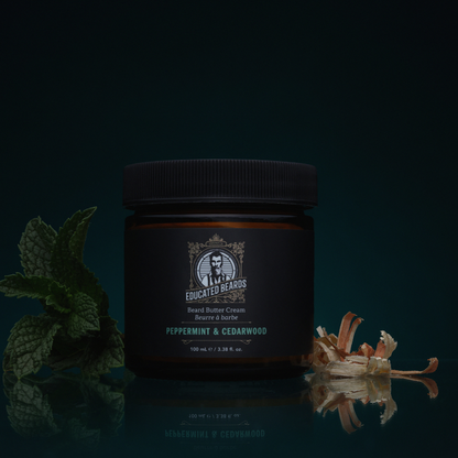 Educated Beards Peppermint & Cedarwood Beard Butter Cream in 100ml jar, natural beard care with mint and cedarwood scent.