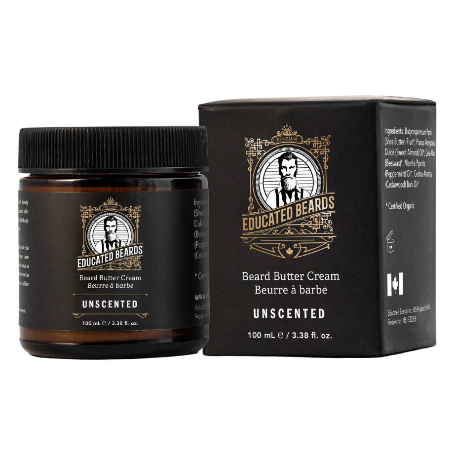Educated Beards Unscented Beard Butter Cream by Pasteur Pharmacy, 100ml jar showing creamy beard conditioning product