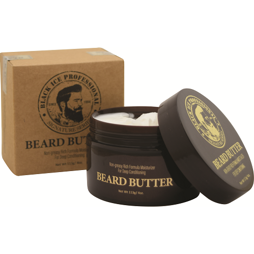 BlackIce Beard Butter by Pasteur Pharmacy in 4 oz container, creamy beard moisturizer with natural ingredients and smooth texture