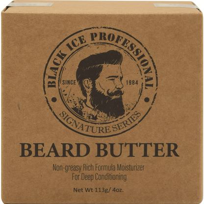 BlackIce Beard Butter by Pasteur Pharmacy in 4 oz jar, smooth and nourishing beard balm with black ice scent.