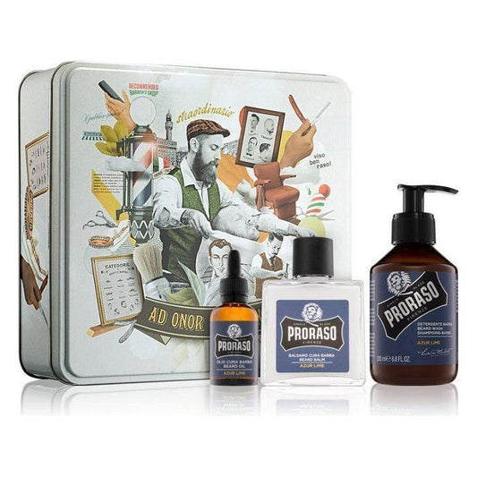Proraso Beard Care Set with Azur Lime scent, includes grooming products in a gift box for beard maintenance and grooming.