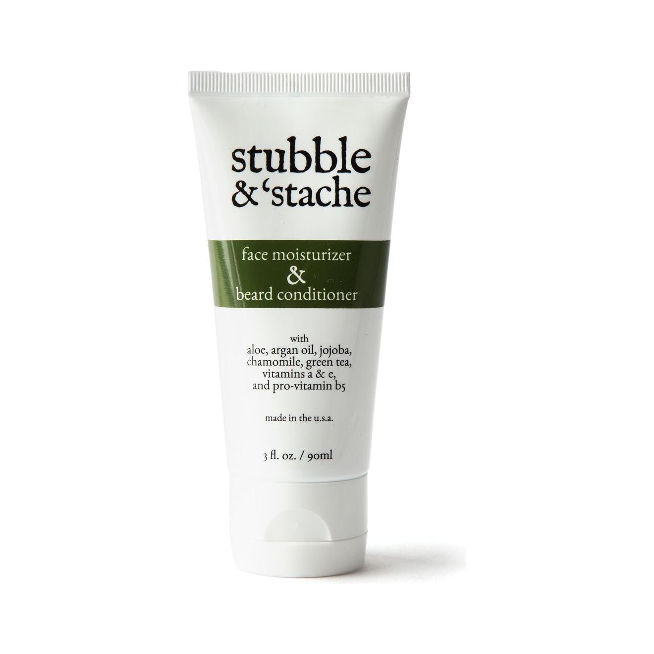Pasteur Pharmacy Stubble & 'Stache Face Moisturizer and Beard Conditioner bottle, 3 oz, designed for facial hair and skin care.
