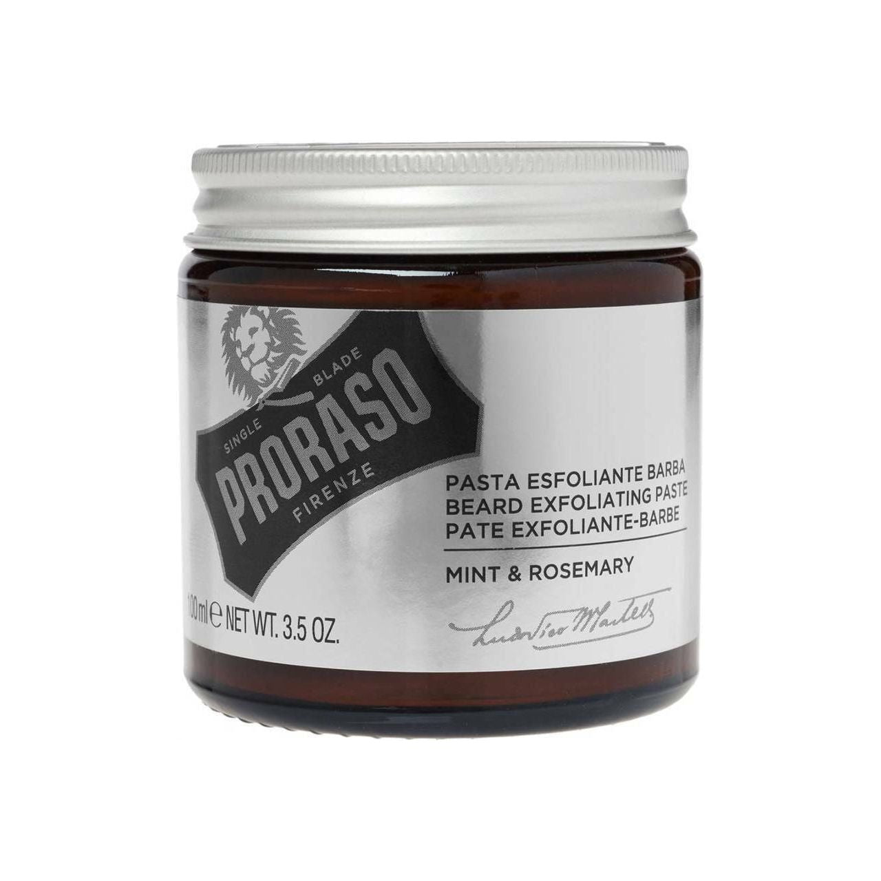 Proraso Beard Exfoliating Paste with mint and rosemary, 3.5 oz, natural grooming product for beard and skin care.
