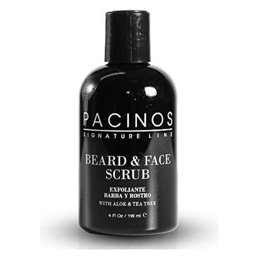Pacinos Shave System Aloe & Tea Tree Beard and Face Scrub in 4 oz container, natural ingredients for grooming and skin care.
