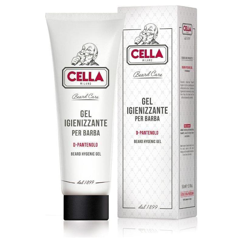 Cella Hygienic Beard Gel by Pasteur Pharmacy, 5.1 oz, in a clear container showing the gel's texture for beard grooming.