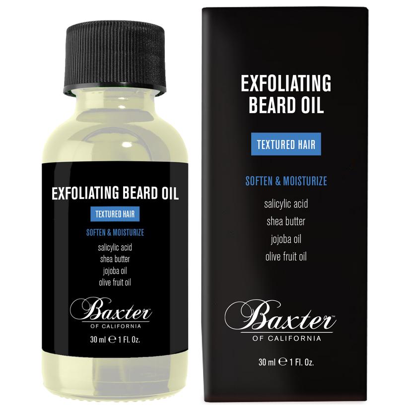Baxter of California exfoliating beard oil in a 1 oz bottle, natural beard care product with exfoliating properties from Pasteur Pharmacy
