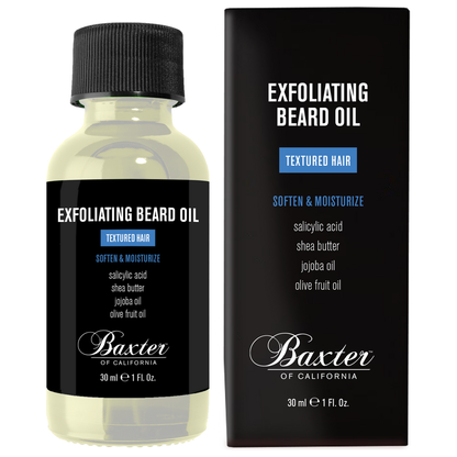 Baxter of California exfoliating beard oil in a 1 oz bottle, natural beard care product with exfoliating properties from Pasteur Pharmacy