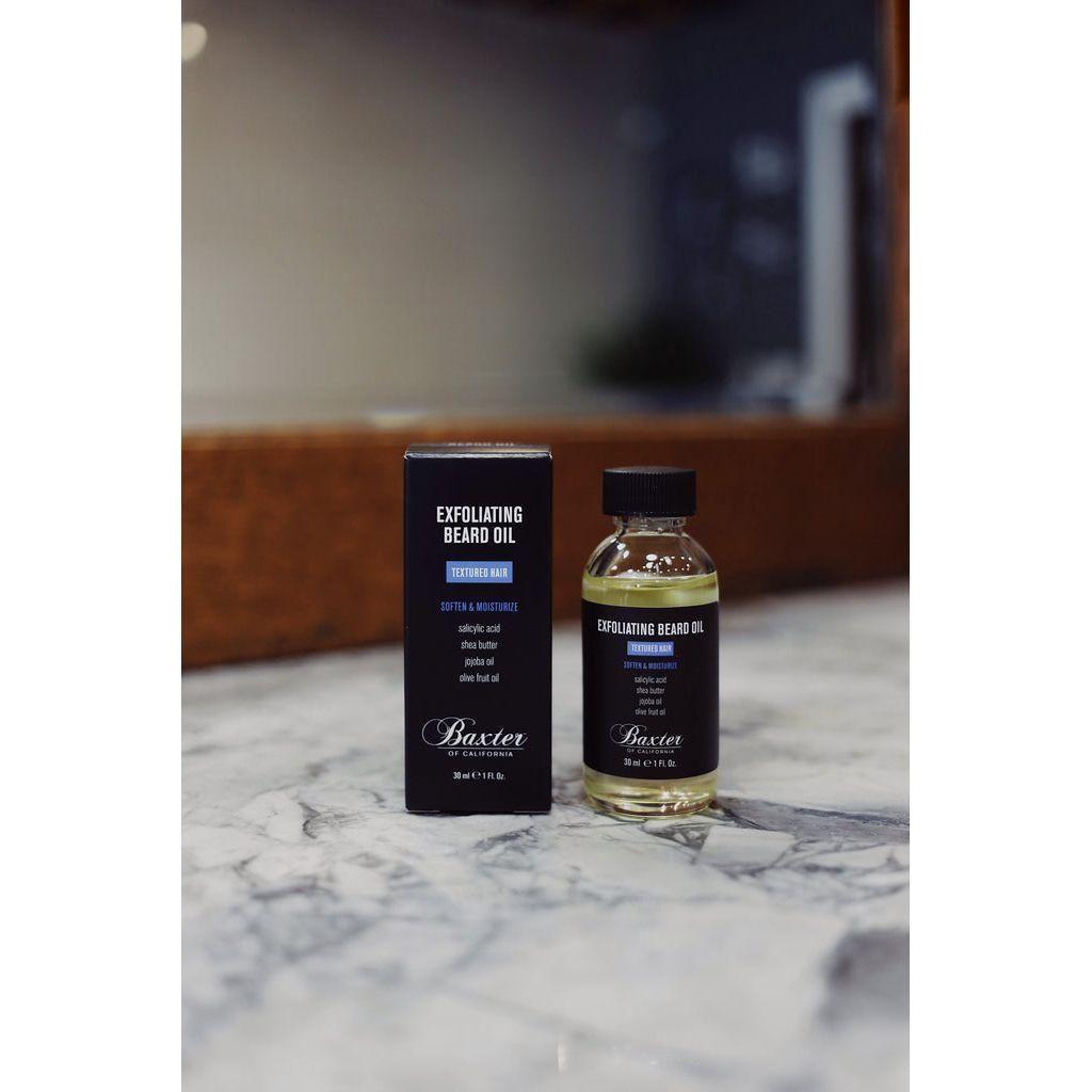 Baxter of California exfoliating beard oil in a 1 oz bottle, natural beard care product with exfoliating properties