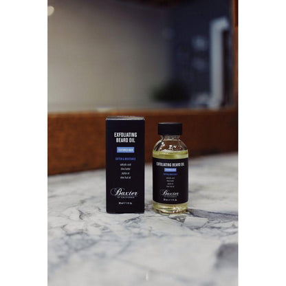 Baxter of California exfoliating beard oil in a 1 oz bottle, natural beard care product with exfoliating properties