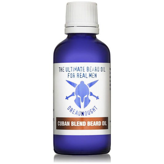 Dreadnought Cuban Blend Beard Oil by Pasteur Pharmacy, 1.7 oz, showing the dark bottle with beard grooming label.