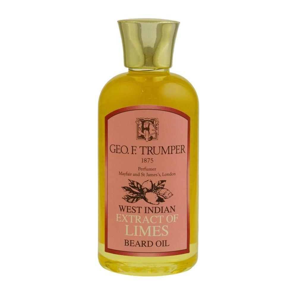 Geo. F. Trumper Limes beard oil in a 100ml travel bottle, featuring a clear glass container with a black cap, designed for grooming.