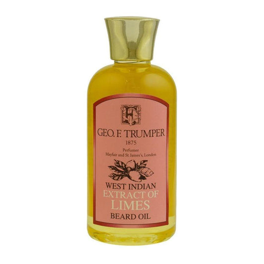 Geo. F. Trumper Limes beard oil in a 100ml travel bottle, featuring a clear glass container with a black cap, designed for grooming.
