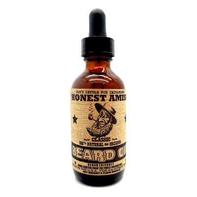 Honest Amish Classic Beard Oil in a 2 oz bottle, natural grooming product for beard softness and conditioning.