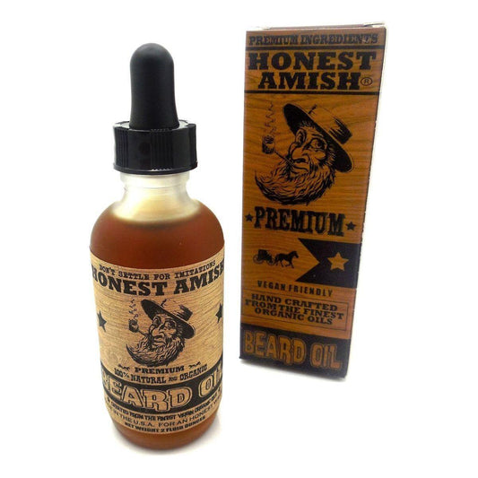 Honest Amish Premium Beard Oil in 2 oz bottle, natural grooming product for beard conditioning and shine.