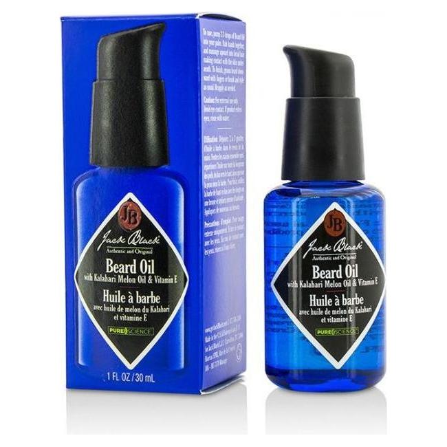 Jack Black beard oil with Kalahari melon oil and Vitamin E in a 1 oz bottle, shown with the product label and packaging