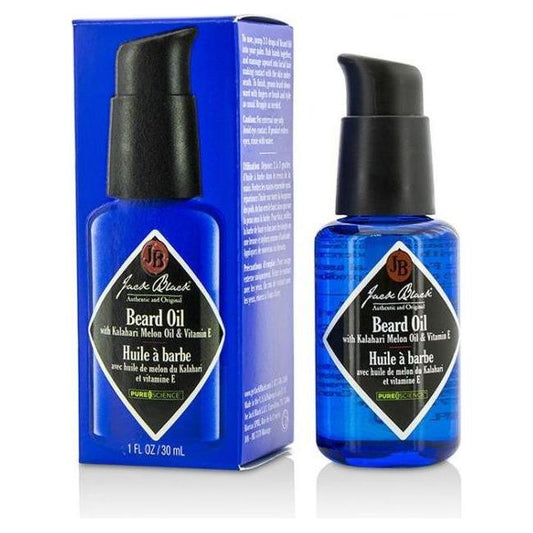 Jack Black beard oil with Kalahari melon oil and Vitamin E in a 1 oz bottle, shown with the product label and packaging