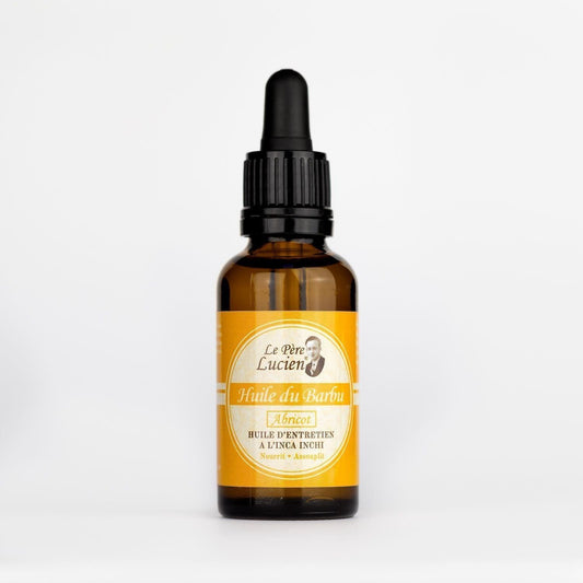 Pasteur Pharmacy Le Pere Lucien Abricot Scent Beard Oil 30ml, with a dropper bottle and apricot fragrance for nourishing beard care.