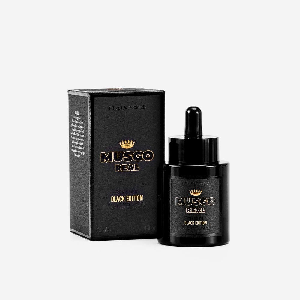 Pasteur Pharmacy Musgo Real Black Edition beard oil bottle, 1 fl oz, with dark packaging and dropper for beard grooming.