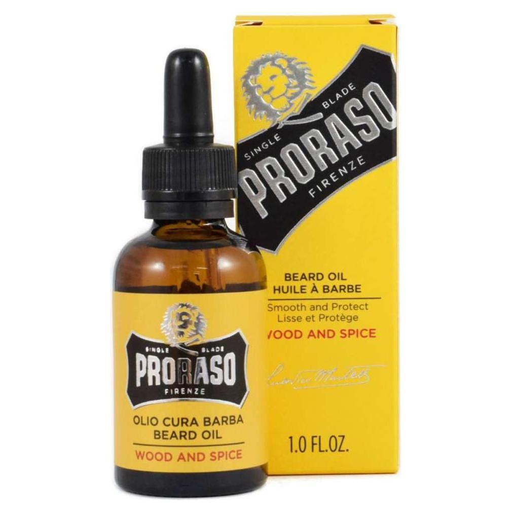 Proraso Beard Oil Wood and Spice in 1 oz bottle, natural-looking beard grooming product with wood and spice scent, from Pasteur Pharmacy