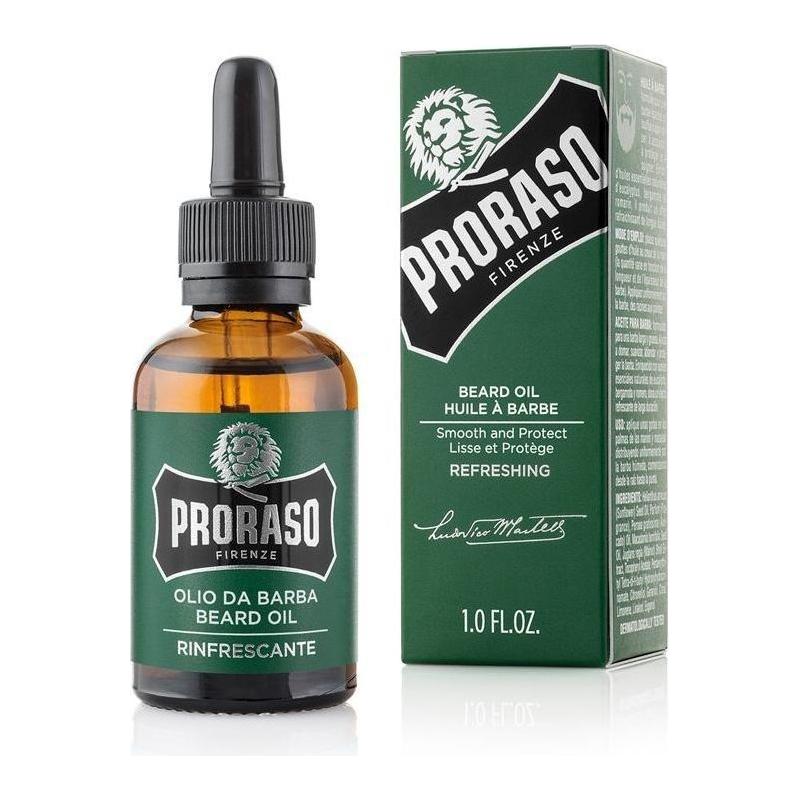 Proraso Eucalyptus beard oil in a 1 oz bottle, featuring a refreshing eucalyptus scent for grooming and beard care.