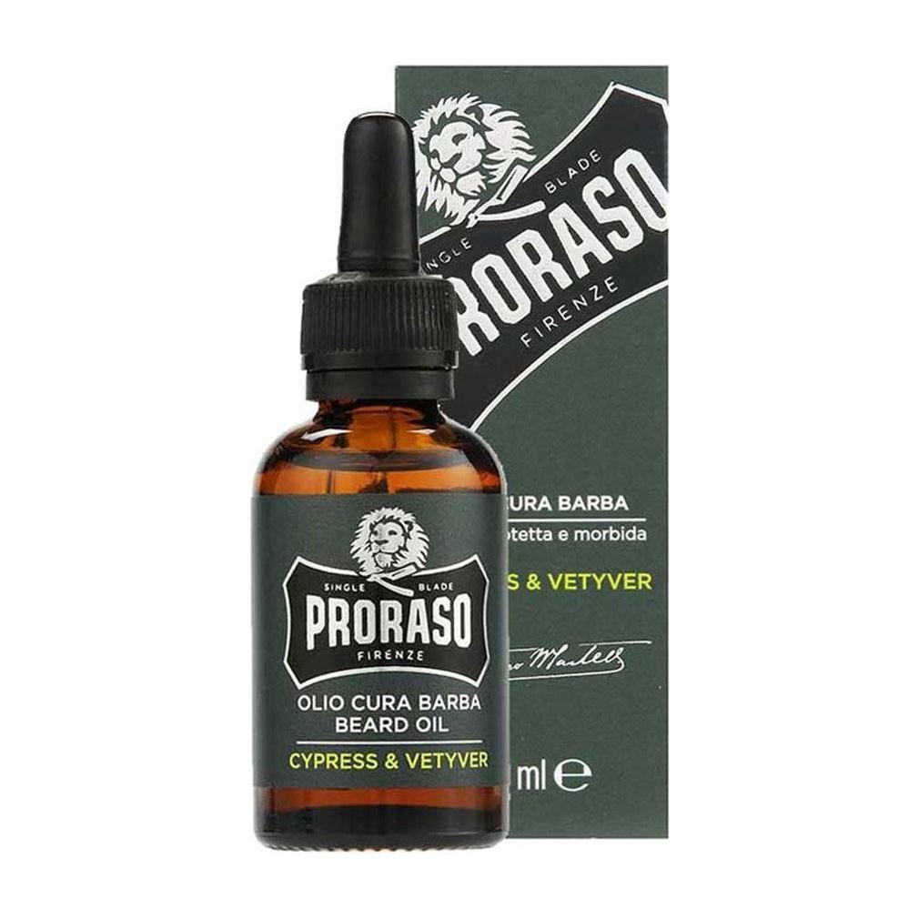 Proraso Single Blade Cypress & Vetyver Beard Oil in 1 oz bottle, natural grooming product for beard care and conditioning.