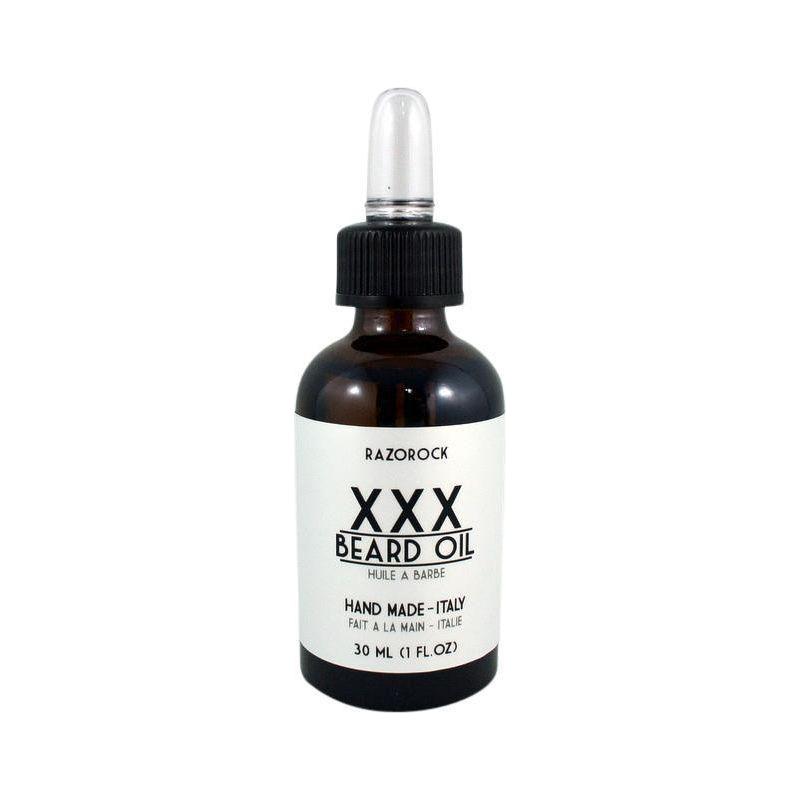 Razorock XXX Beard Oil in 30ml bottle, natural beard care product from Pasteur Pharmacy, with label and dropper cap visible.