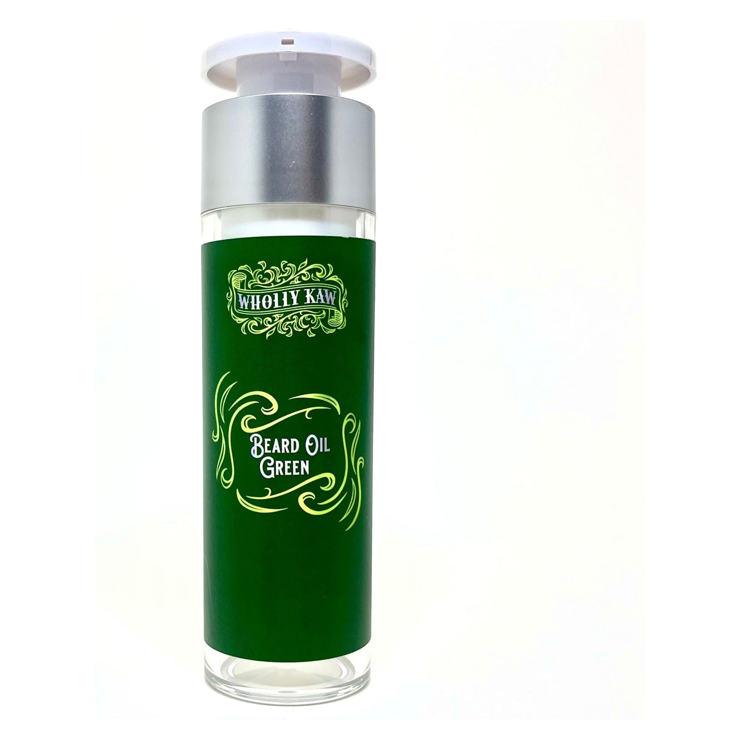 Wholly Kaw Green Beard Oil in 1.69 fl oz bottle, natural beard oil from Pasteur Pharmacy, featuring a green label and dropper applicator.