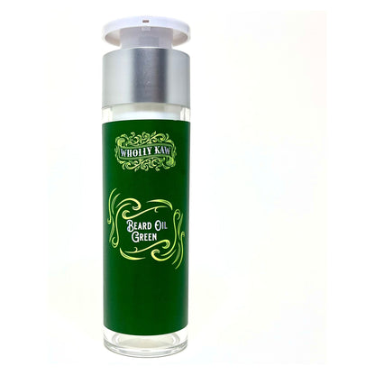 Wholly Kaw Green Beard Oil in 1.69 fl oz bottle, natural beard oil from Pasteur Pharmacy, featuring a green label and dropper applicator.