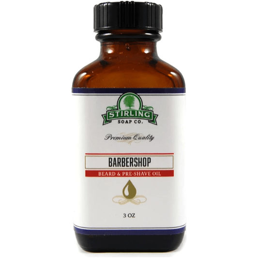 Pasteur Pharmacy Stirling Soap Co. Barbershop Beard and Preshave Oil 3 oz bottle with label and pump dispenser.