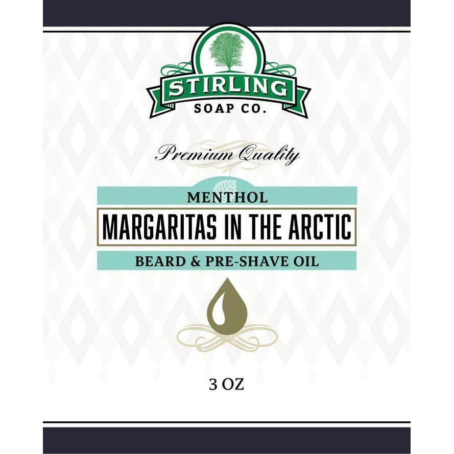 Stirling Soap Co. Margaritas In The Arctic beard and preshave oil in a 3 oz bottle with a black cap and label, shown on a white background.