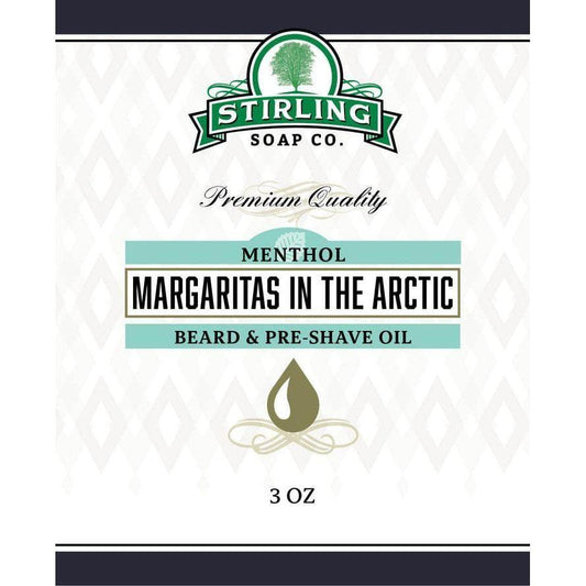 Stirling Soap Co. Margaritas In The Arctic beard and preshave oil in a 3 oz bottle with a black cap and label, shown on a white background.