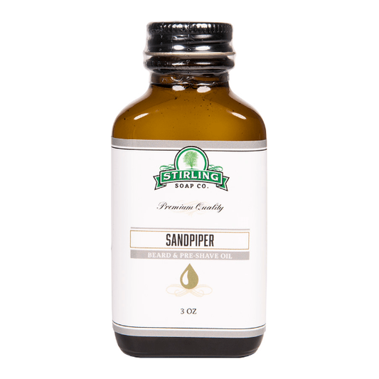 Stirling Soap Co. Sandpiper Beard & Preshave Oil in 3 oz bottle, natural grooming product for beards and pre-shaving care.