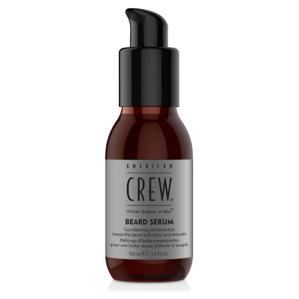 American Crew Beard Serum 1.7 oz, nourishing beard serum in a clear bottle with a dropper for soft, healthy facial hair.