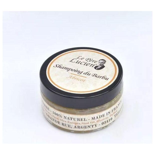 Le Pere Lucien Apricot Natural Beard Shampoo by Pasteur Pharmacy, 100g, in a clear bottle with a label and shampoo inside.